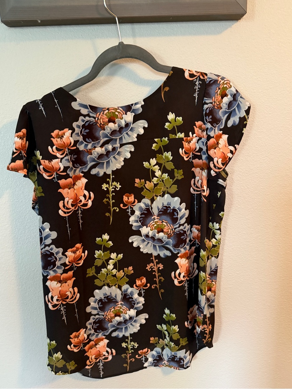 Loft Black Floral Cap-Sleeve Blouse with Blue and Coral Blooms